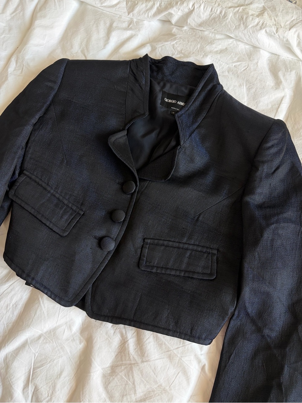 Giorgio Armani Black Cropped Blazer with Band Collar IT 48